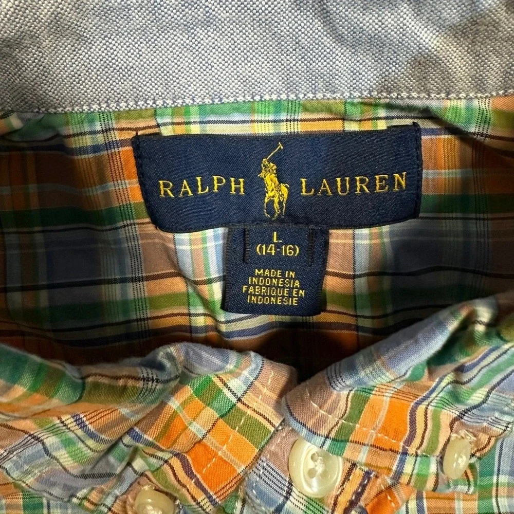Ralph‎ Lauren Plaid Button Down Shirt Boys L 14-16 Orange Blue Green Cotton Pony
